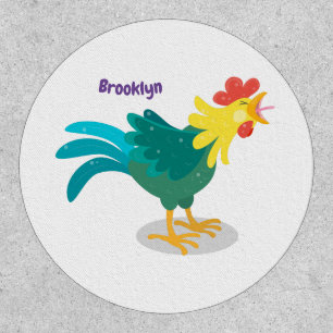 Cute funny crowing rooster cartoon illustration patch