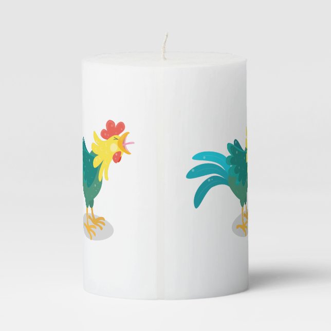 Cute funny crowing rooster cartoon illustration pillar candle (Back)