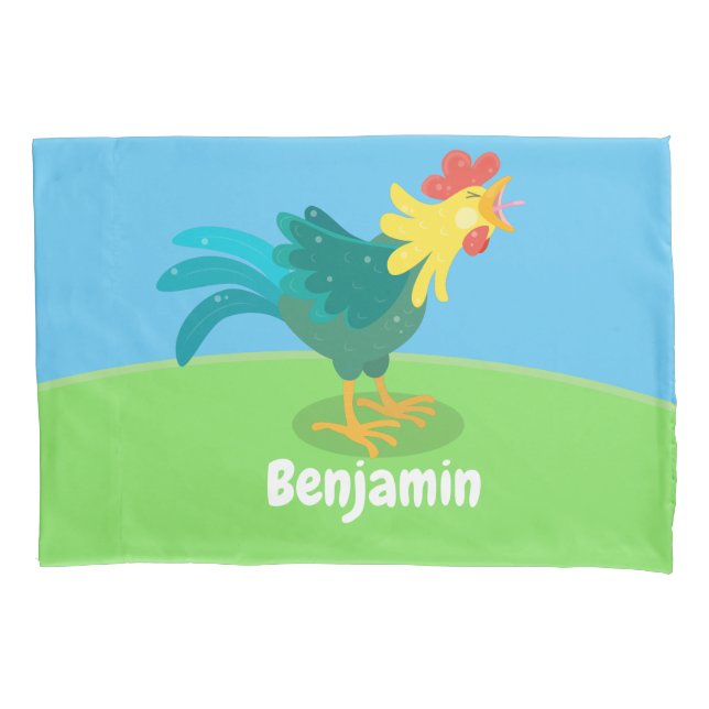 Cute funny crowing rooster cartoon illustration pillow case (Front)