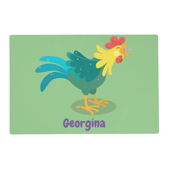 Cute funny crowing rooster cartoon illustration placemat (Front)