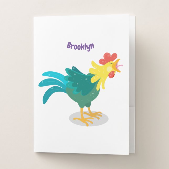 Cute funny crowing rooster cartoon illustration pocket folder (Front)