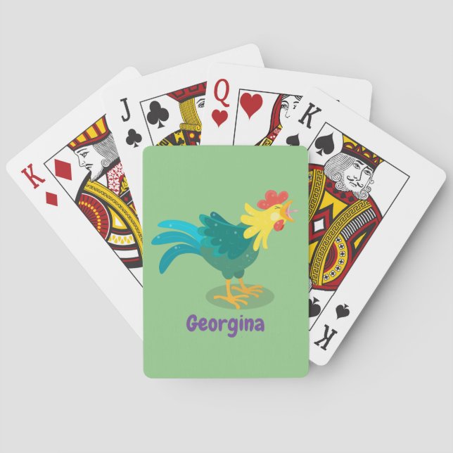Cute funny crowing rooster cartoon illustration poker cards (Back)