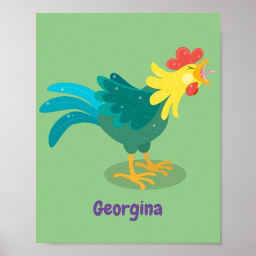 Cute funny crowing rooster cartoon illustration poster