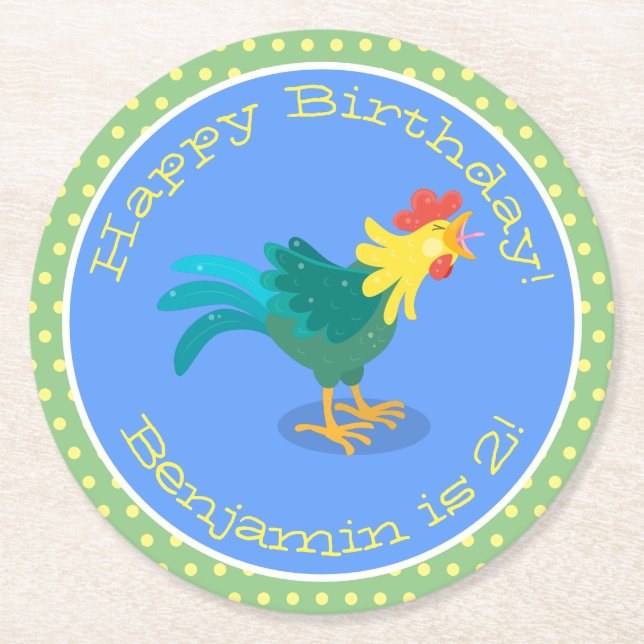 Cute funny crowing rooster cartoon illustration round paper coaster (Front)