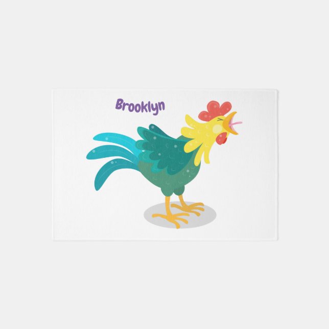 Cute funny crowing rooster cartoon illustration rug (Front)