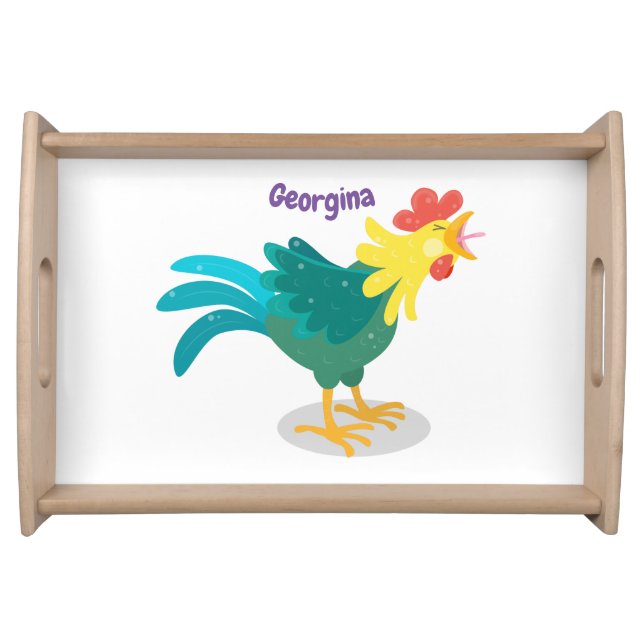 Cute funny crowing rooster cartoon illustration serving tray (Front)