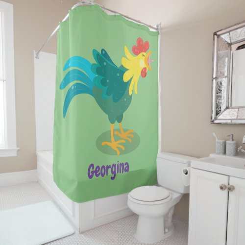 Cute funny crowing rooster cartoon illustration shower curtain