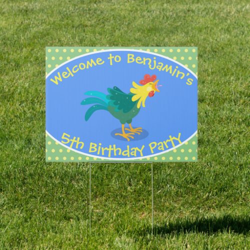 Cute funny crowing rooster cartoon illustration sign