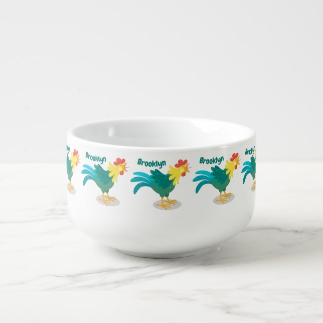 Cute funny crowing rooster cartoon illustration soup mug (Front)