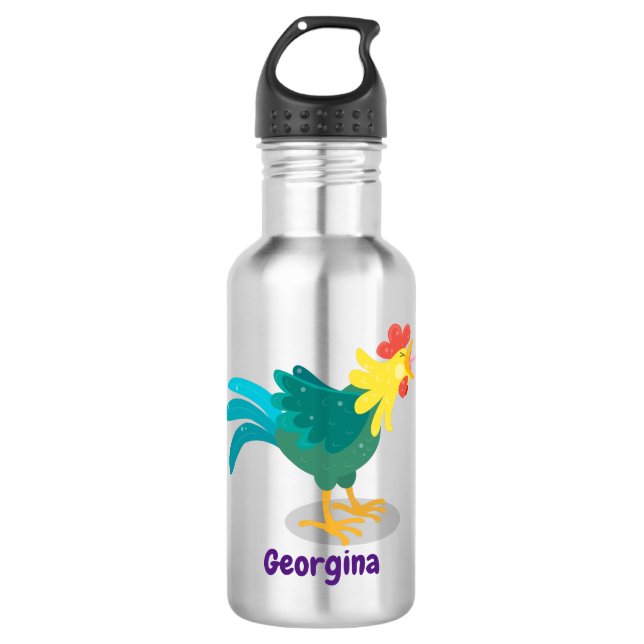 Cute funny crowing rooster cartoon illustration stainless steel water bottle (Front)