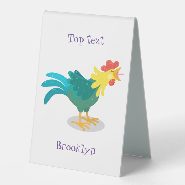 Cute funny crowing rooster cartoon illustration table tent (Front)
