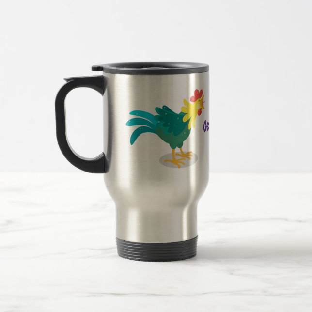 Cute funny crowing rooster cartoon illustration travel mug (Left)