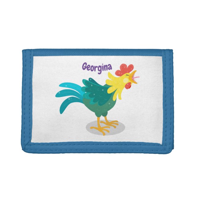 Cute funny crowing rooster cartoon illustration trifold wallet (Front)