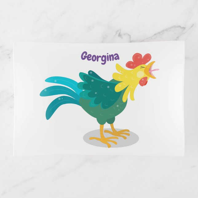 Cute funny crowing rooster cartoon illustration trinket tray (Front)