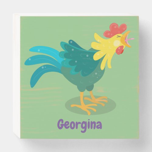 Cute funny crowing rooster cartoon illustration wooden box sign