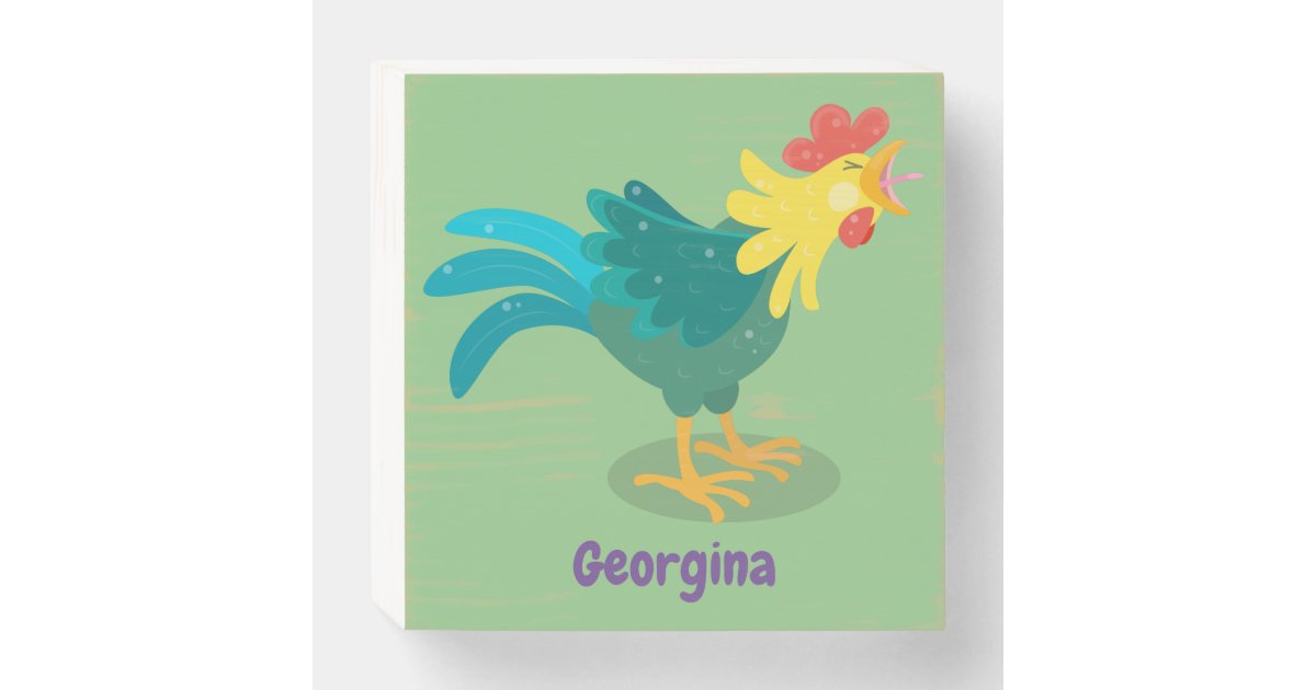 Cute funny crowing rooster cartoon illustration wooden box sign | Zazzle