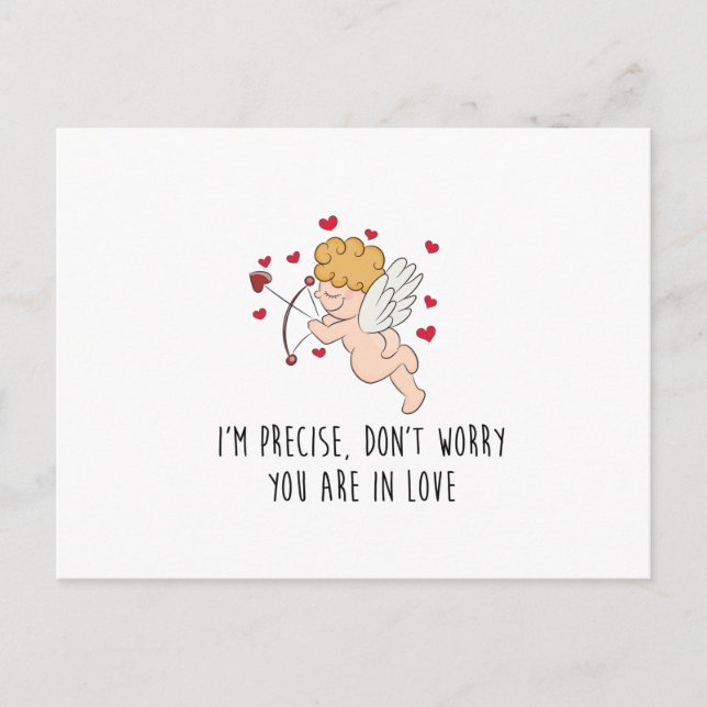 Cute, funny Cupid and hearts with quote postcard (Front)