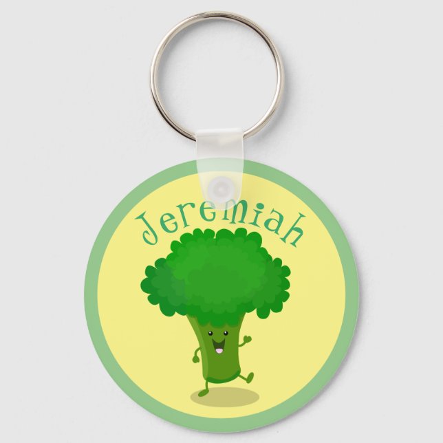 Cute funny dancing broccoli cartoon illustration keychain (Front)