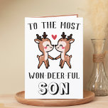 Cute Funny Deer Buck Wonderful Son Birthday Thank You Card<br><div class="desc">Looking for a unique way to express your love and humor to your little boy? Our funny deer pun greeting card is the perfect choice for any son on his birthday! Customize it by adding your own personal message. Design features two cute baby deer and a message to the most...</div>