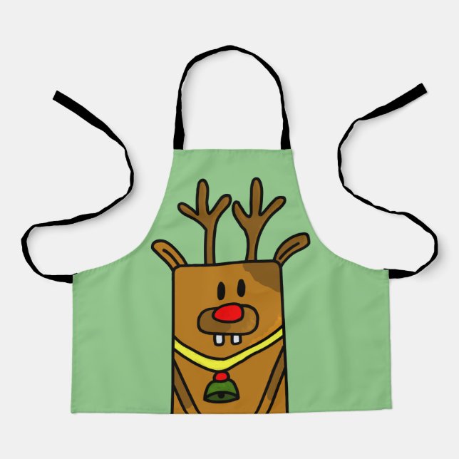 Cute Funny Deer Drawing Green Christmas Kids Apron (Front)