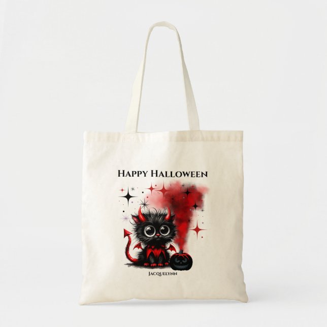 Cute Funny Devil Kitten Halloween Trick or Treat Tote Bag (Front)