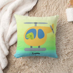 cute funny dino flying yellow helicopter DIY NAme Throw Pillow