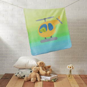 cute funny dinosaur flying yellow helicopter baby blanket