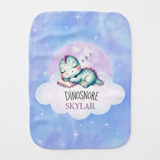 Cute Funny 'Dinosnore' Personalized Baby Name Burp Cloth (Front)