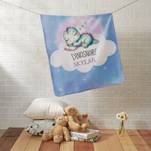 Cute Funny 'Dinosnore' Personalized Name Unisex Baby Blanket (In Situ)