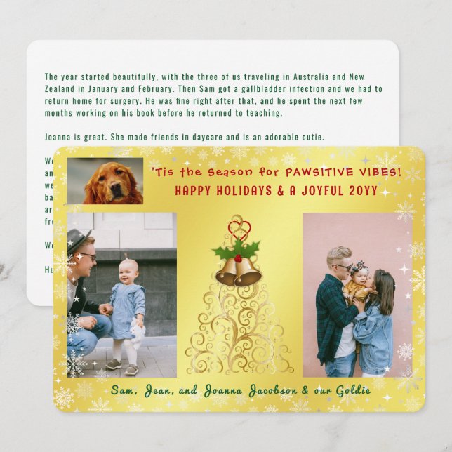 Cute Funny Dog Cat Happy Holidays 3 Photos Golden Holiday Card (Front/Back)