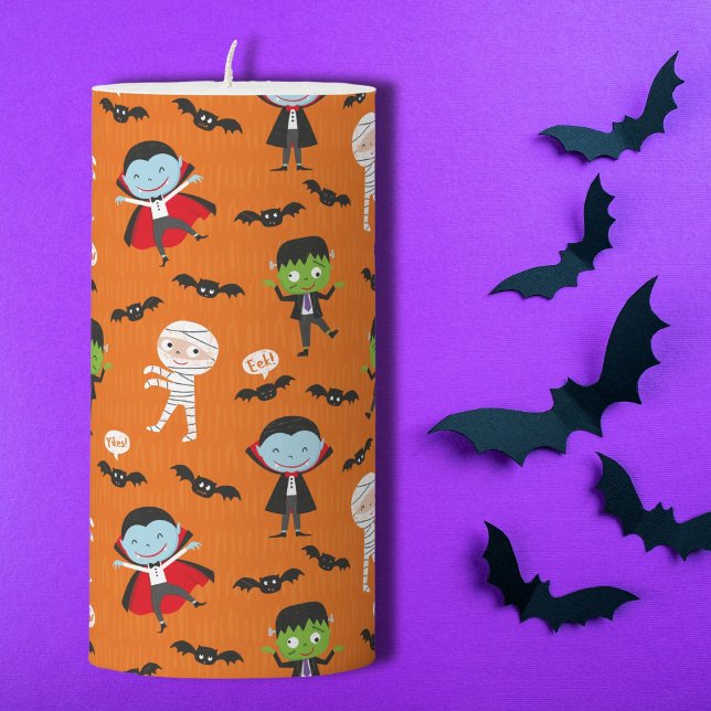 Cute funny Dracula Halloween Vampire on orange Pillar Candle (Creator Uploaded)