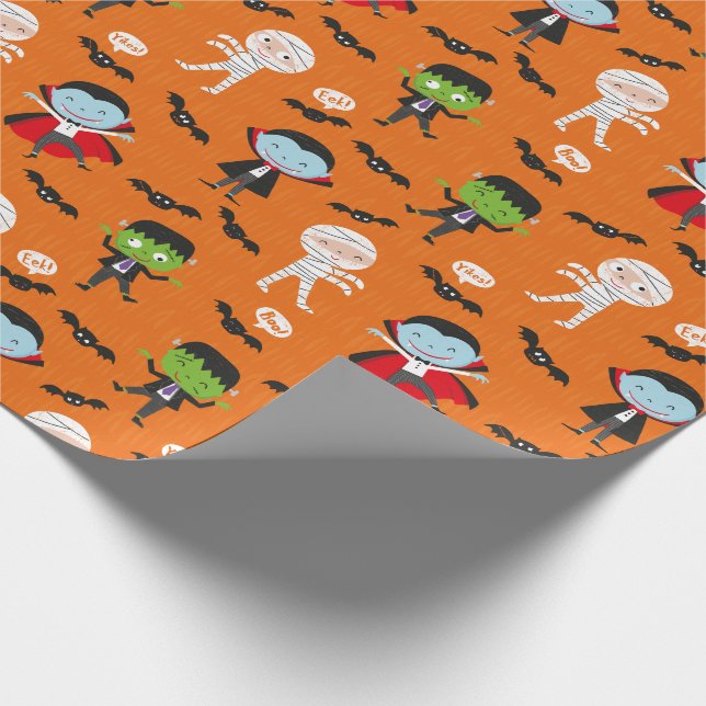 Cute funny Dracula Halloween Vampire on orange Wrapping Paper (Corner)