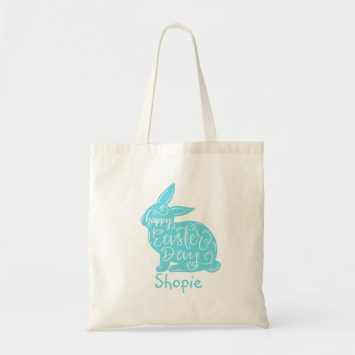 Cute Funny Easter Bunny Hunting Eggs Blue Tote Bag