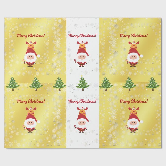Cute Funny Elegant Rudolph Santa Christmas Trees Wrapping Paper (Flat)