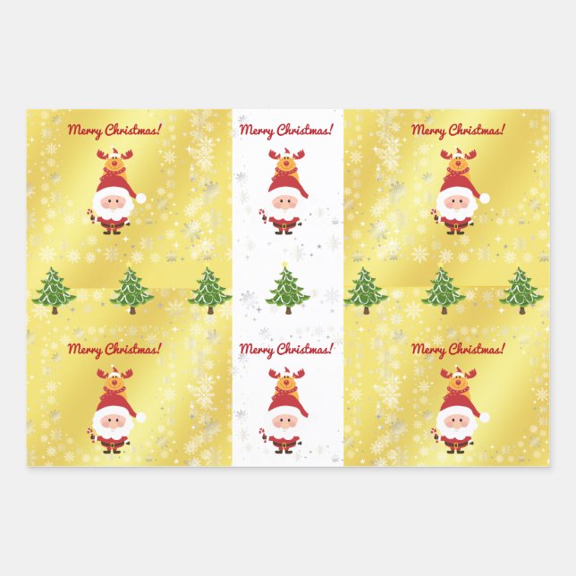 Cute Funny Elegant Rudolph Santa Christmas Trees Wrapping Paper Sheets (Front)