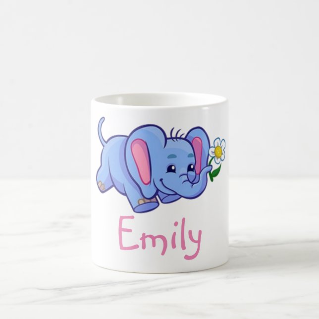 Cute Funny Elephant Flower Jungle Animal Kids Name Coffee Mug (Center)