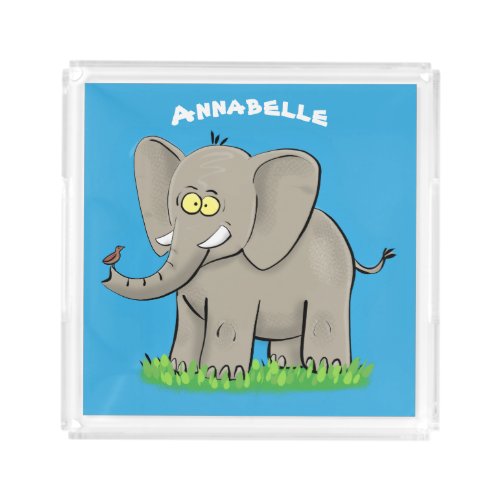 Cute funny elephant with bird on trunk cartoon acrylic tray