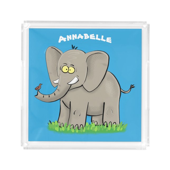 Cute funny elephant with bird on trunk cartoon acrylic tray (Front)