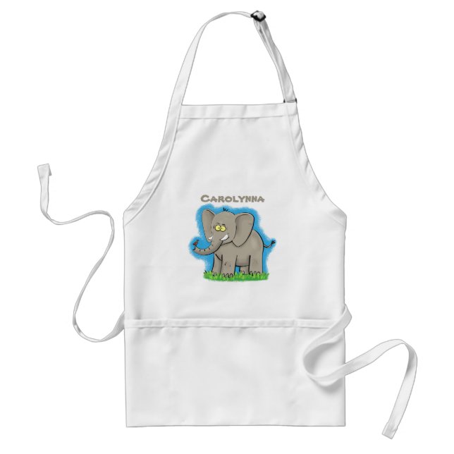 Cute funny elephant with bird on trunk cartoon adult apron (Front)