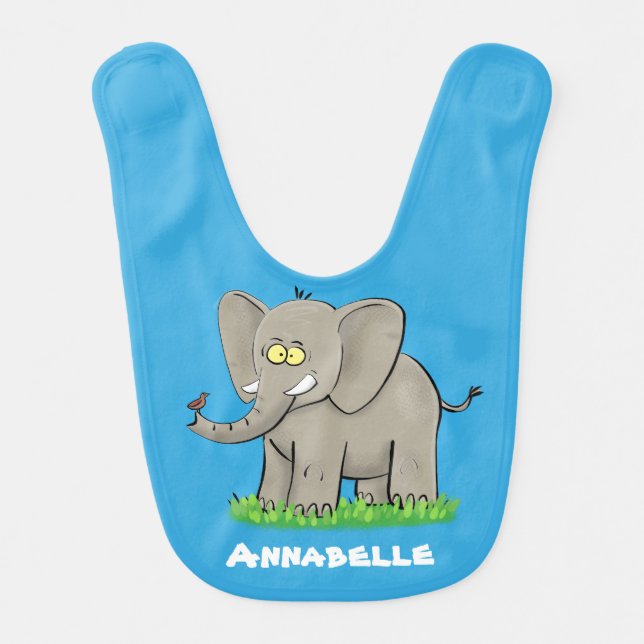 Cute funny elephant with bird on trunk cartoon baby bib (Front)