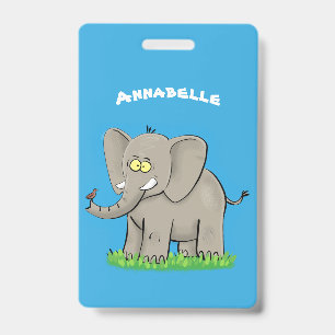 Cute funny elephant with bird on trunk cartoon badge