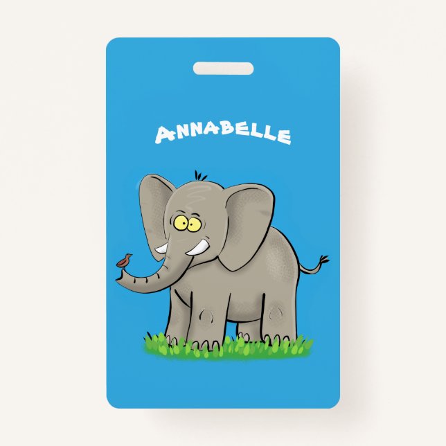 Cute funny elephant with bird on trunk cartoon badge (Front)