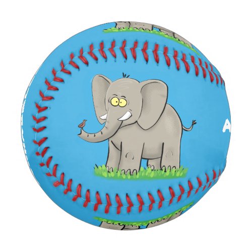 Cute funny elephant with bird on trunk cartoon baseball