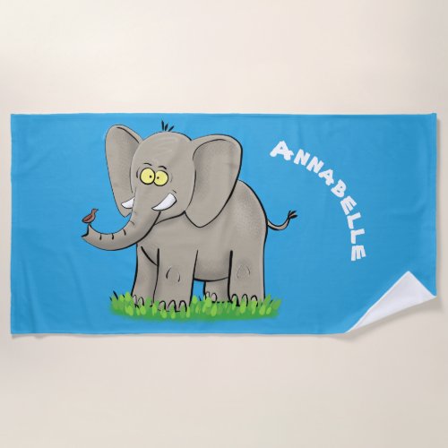 Cute funny elephant with bird on trunk cartoon beach towel
