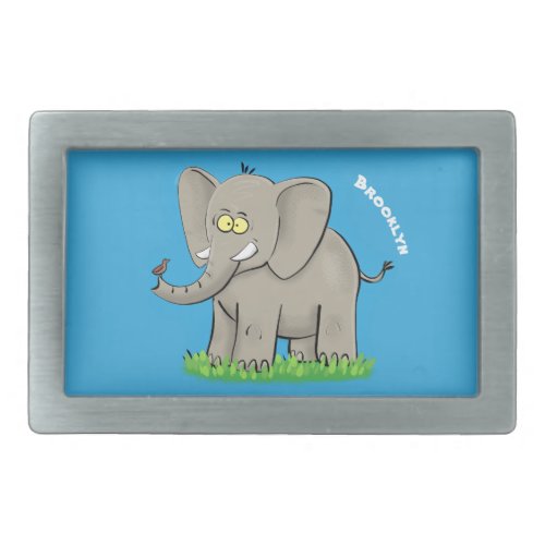 Cute funny elephant with bird on trunk cartoon belt buckle