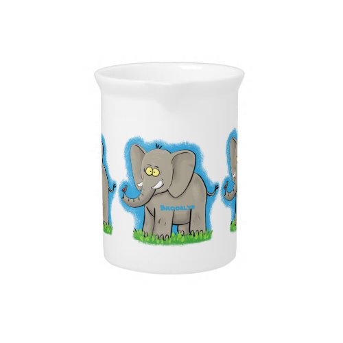 Cute funny elephant with bird on trunk cartoon beverage pitcher