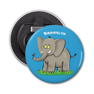 Cute funny elephant with bird on trunk cartoon bottle opener