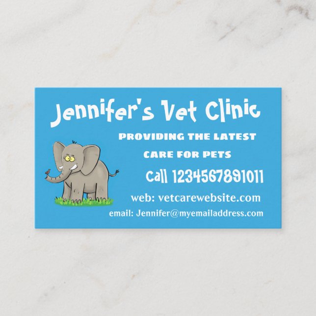 Cute funny elephant with bird on trunk cartoon business card (Front)