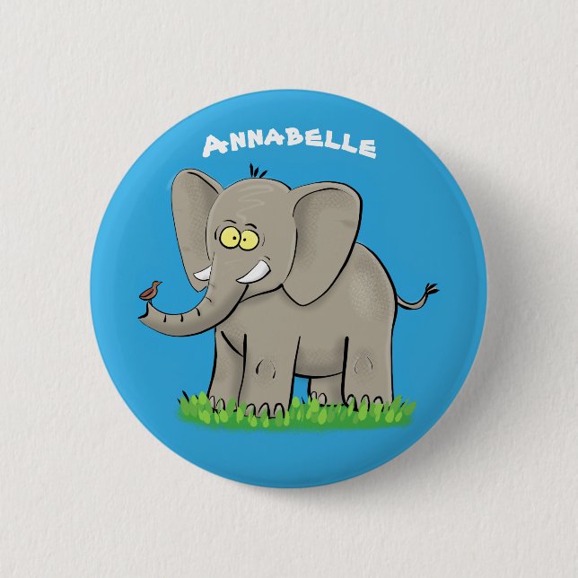 Cute funny elephant with bird on trunk cartoon button (Front)
