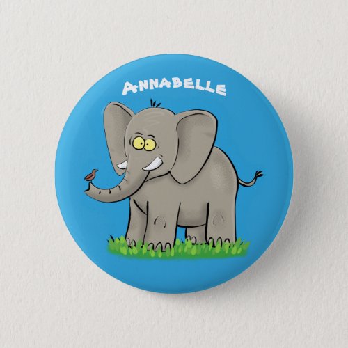 Cute funny elephant with bird on trunk cartoon button